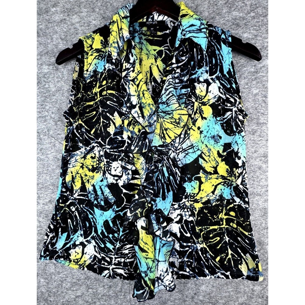 Style & Co Women Crinkle Top Blouse Sheer Collar Button Down Ruffle Size 4P
